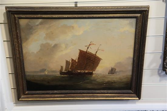 Anglo-Chinese School (19th century) English clipper exchanging fire with a junk and junks at sea 17 x 23in.